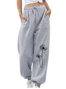 SHEIN EZwear 女性蒲公英印花束口腰休閒長褲 - 淺灰色 - 查看 1