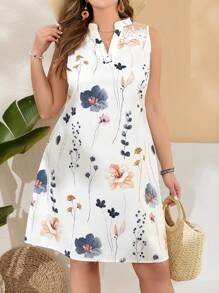 EMERY ROSE 大码女式夏季花卉印花缺口领口连衣裙 - 白色 - 查看 1