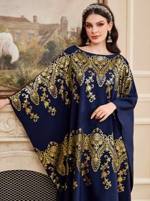 Al Najma 女士金箔印花花卉图案长袍，优雅晚会礼服 - 寶藍色 - 查看 2