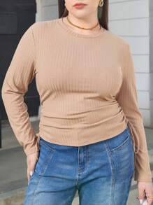 SHEIN Essnce 大尺寸圓領條紋紋理織物t恤,兩側帶束口細節 - 卡其色 - 查看 5