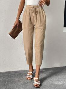 SHEIN LUNE Casual Lace Cuff Slant Pocket Pants - Khaki - View 1