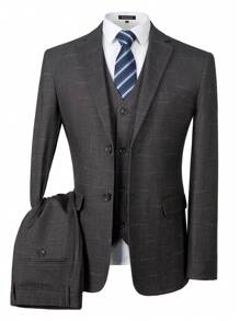 Furuyal Men's Three Piece Suit Set: Suit Jacket, Vest And Pants - Dark Grey - View 1