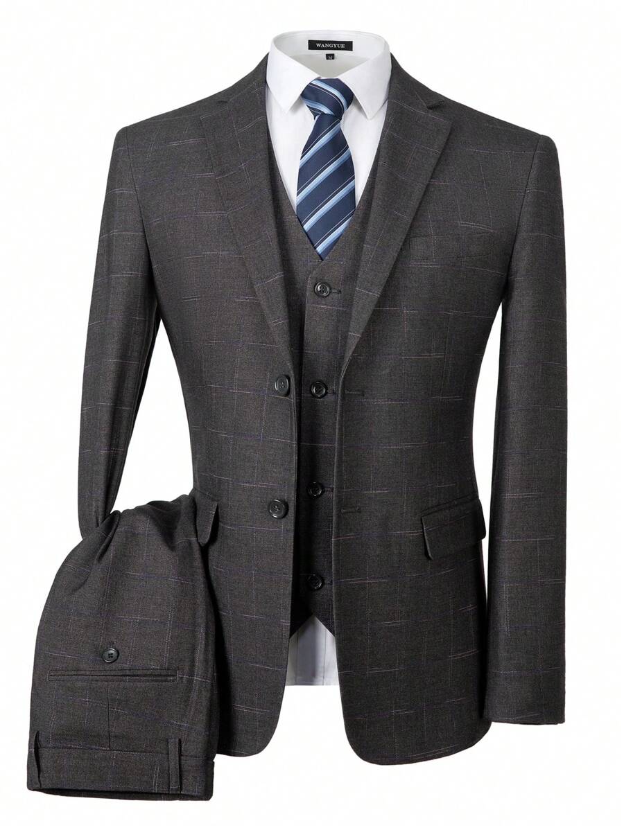 Furuyal Men's Three Piece Suit Set: Suit Jacket, Vest And Pants - Dark Grey - View 1