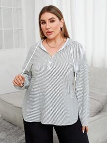 SHEIN Essnce Plus Size Striped Drawstring Hoodie Shirt