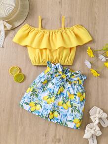 SHEIN Young Girl Ruffle Top With Ruffle Trim And Lemon Print Shorts Set