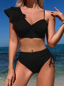 SHEIN Swim Summer Beach Ruffled Edges & Knot Decor Two-Piece Bikini Swimwear Carnival - Black - View 3