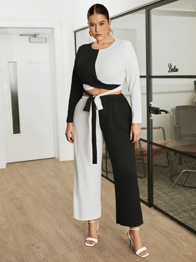 BizChic Conjunto De Dos Piezas, Top De Manga Larga Y Pantalón Con Nudo Frontal Y Bloques De Color Para Tallas Grandes
