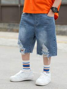 2024 Summer New Arrival Tween Boys' Denim Capri Pants, Distressed Design, Lightweight Style