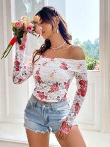 Chiquease Top A Maglia Floreale A Maniche Lunghe Con Spalle Scoperte Per Donne - Multicolore - Visualizzare 4