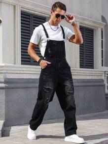 Manfinity Homme Men's Distressed Denim Overalls - Black - View 3
