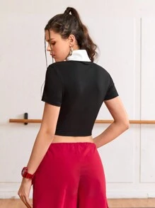 SHEIN Street Sport Women's Color Block Zipper Front Sporty T-Shirt With Letter Print - Black - View 2
