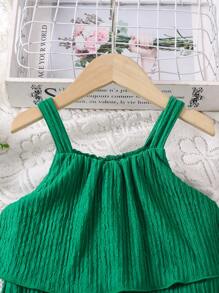 SHEIN Young Girl'S Vacation & Leisure Green Spaghetti Strap Jumpsuit With Ruffle Hem For Summer