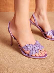 CUCCOO CHICEST Purple Rhinestone Flower Decor Stiletto Heels - Purple - View 5
