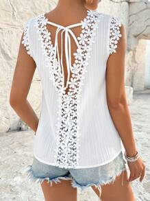 Breezaya Women's Contrast Lace Backless Tie Front Shirt,Sleeveless Tops - White - View 3