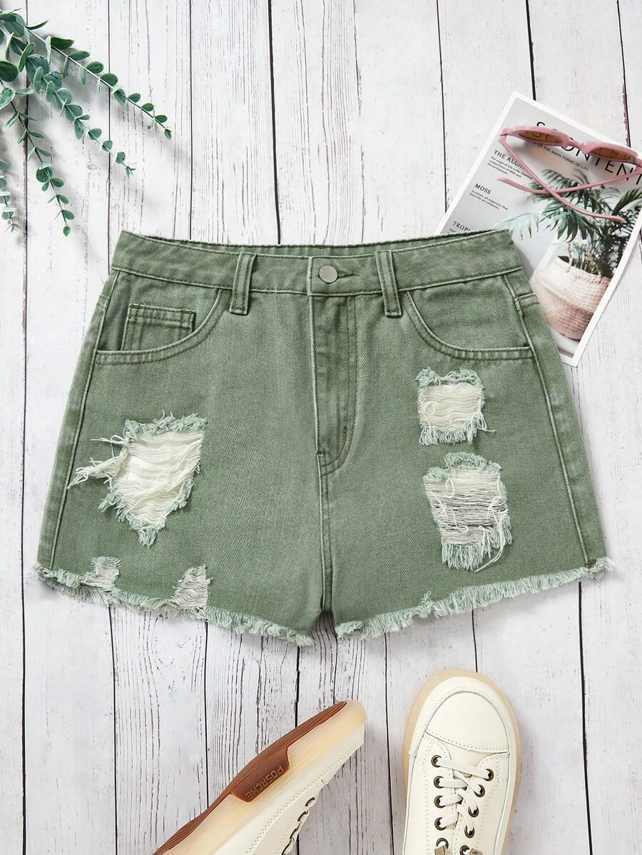 SHEIN Teen Girls' Frays Ripped Denim Shorts - Green - View 1