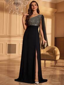 Đầm dự tiệc tay loe cổ bẻ đính sequin cho nữ Đầm dự tiệc cưới Đầm trang trọng Đầm dạ hội, Váy - màu đen - Xem 5