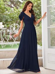 Color-Block Chiffon Cold-Shoulder Wrap Bridesmaid Dress - Navy Blue - View 6
