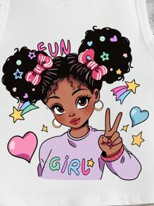 SHEIN Young Girl's Casual Cartoon Printed Stand Collar Tank Top For Summer Suitable For Summer Girl Tank Topcrop Top For Young Girl>Slim Fitkids Crop Tops Girls - White - View 3