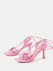 CUCCOO SZL Pink Pu Women'S High Heel Strappy Square Toe Sandals - Pink - View 4