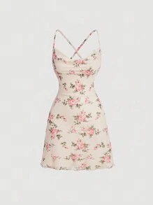 SHEIN MOD Women's Floral Print Spaghetti Strap Dress,Draped - Yellow - View 1