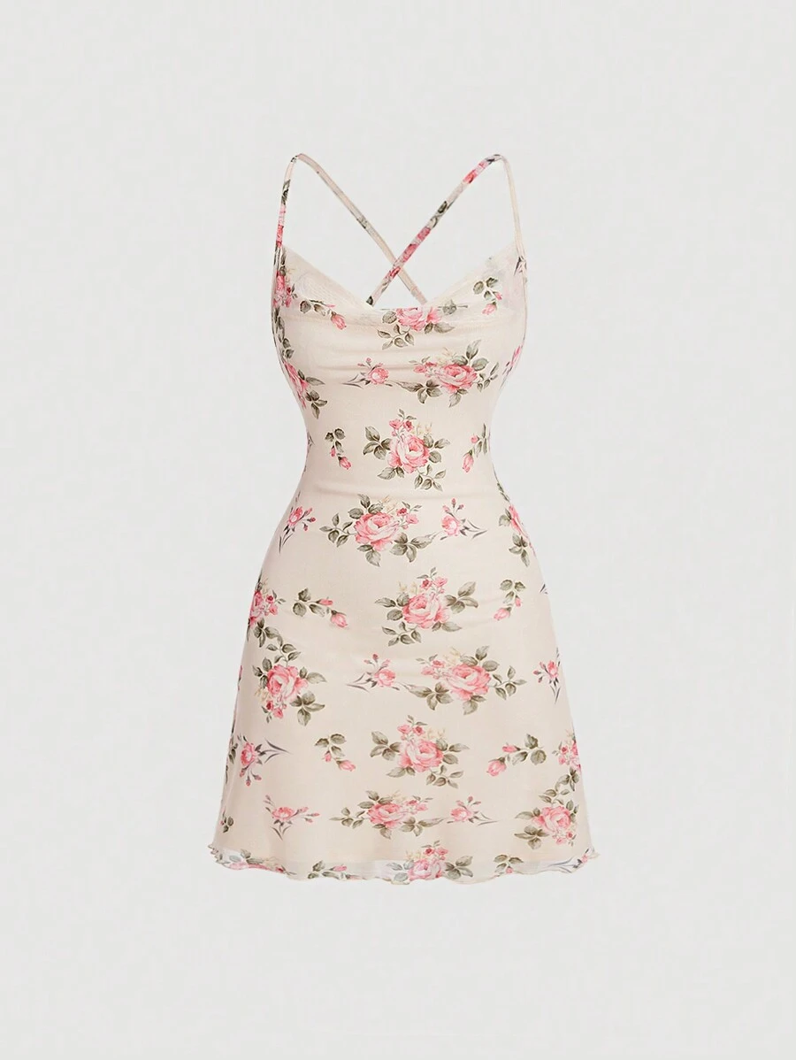 SHEIN MOD Women's Floral Print Spaghetti Strap Dress,Draped - Yellow - View 1