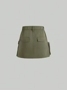 Jupe utilitaire en jean de couleur unie pour adolescentes - Militaire verte - Voir 2