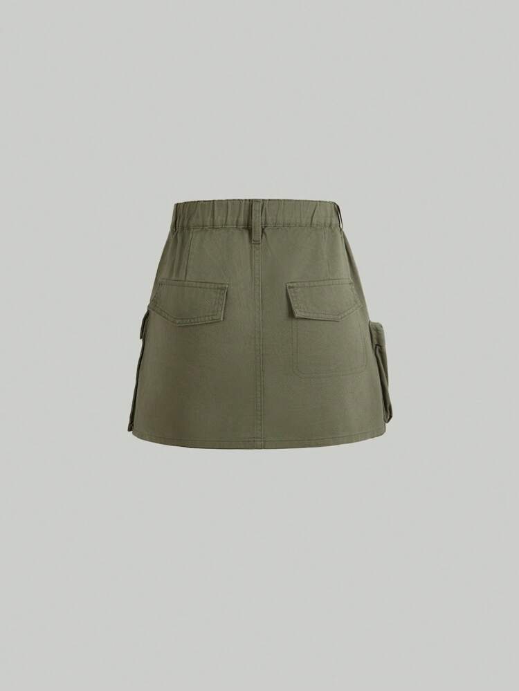 Teen Girl Solid Color Denim Utility Skirt