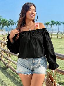 SHEIN SunnyBelle 女裝加大碼鉤針露肩寬鬆襯衫 - 黑色 - 查看 6