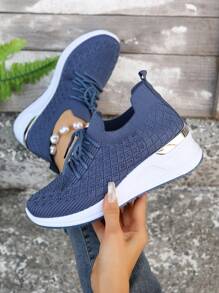 秋冬女鞋2024春季新款坡跟厚底水钻鞋大码休闲运动鞋透气时尚舒适厚底户外轻便简约纯色优雅女士步行鞋 - 藍色 - 查看 1