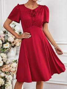 SHEIN Clasi Màu thuần Cà vạt Kẹp chặt Eo Đầm - Đỏ - Xem 4