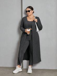 SHEIN Essnce Top Cây trồng , Eo cao Quần , Và Dài tay áo 3 miếng Bộ - Màu xám đen - Xem 3