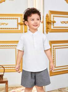 SHEIN Leap Crew Kleine Jungen Lässiger dreiteiliger Anzug aus Hemd, Weste und Shorts mit Stehkragen - Grau - Übersicht 4