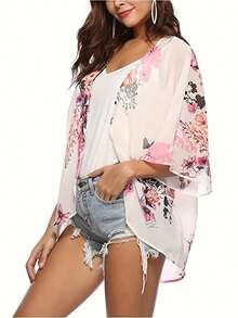 女士春夏海滩风格印花宽松披肩防晒罩衫 - 粉色 - 查看 3