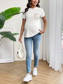 SHEIN Thai sản Lung linh Trang trí bỏ túi Tương phản Màu sắc Bong bóng Tay áo Áo thun - trắng - Xem 5