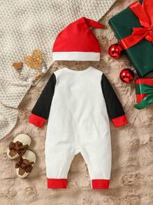 2024 New Year Baby Girl Jumpsuit Age 1 New Year Printed Round Neck Contrast Color Block Sleeve Long Leg Jumpsuit Simple Casual Fashionable Cool Autumn/Winter - Multicolor - View 2