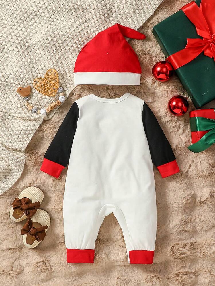 2024 New Year Baby Girl Jumpsuit Age 1 New Year Printed Round Neck Contrast Color Block Sleeve Long Leg Jumpsuit Simple Casual Fashionable Cool Autumn/Winter