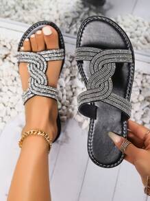 2024 年新款女士水钻户外时尚简约风格凉鞋，软底平底 - 黑色 - 查看 1