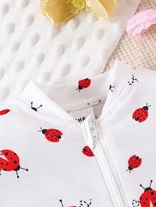 2pcs Baby Girls' Polka Dots & Ladybug Print Jumpsuit Set - Beige - View 3