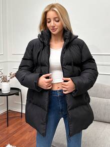 EURMUSE Solid Zip Up Hooded Puffer Coat - Black - View 5