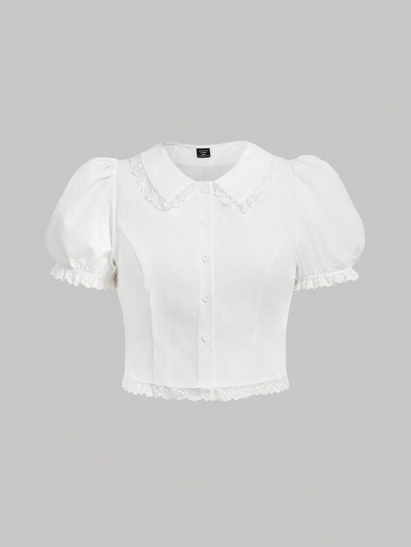 SHEIN MOD Plus Size White Lace Decorated Puff Short Sleeve Blouse