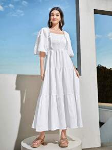 Seusyu Women's Lace Patchwork Puff Sleeve Dress - White - View 5