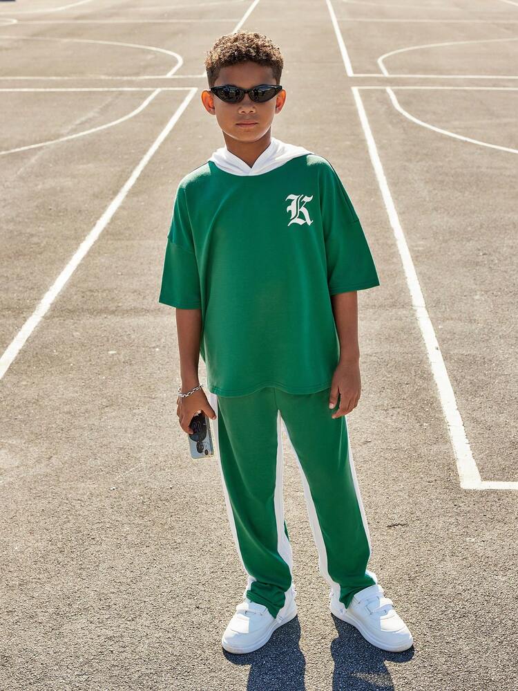 Tween Boys' Casual Korean Sporty Style Two Pieces Knitted Set With Hoodie, Contrasting Colors, 2 In 1 Design, Zippered Cuffs Pants