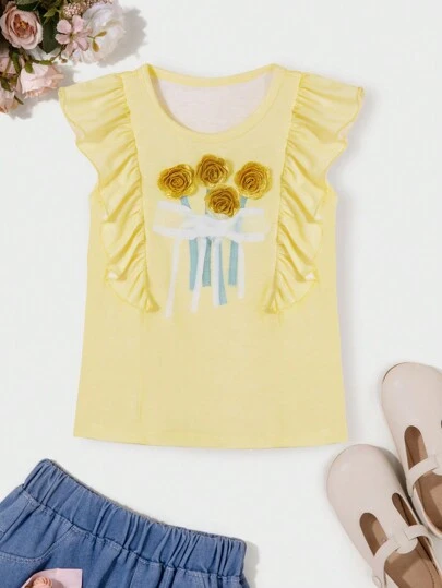 SHEIN Young Girl's Yellow 3d Flower Bouquet Weaved Ribbon Mesh Splicing Ruffle Hem T-Shirt