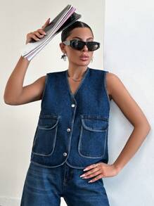 EURMUSE Women's Sleeveless Denim Top With V-Neckline, Flap Pockets And Front Opening - Dark Wash - View 4