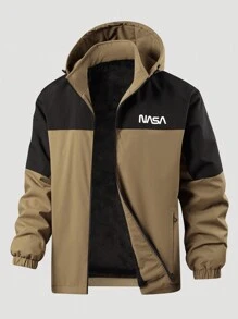 Manfinity Homme Men's Contrast Color Letter Printed Hooded Thermal Lined Padded Coat With Drawstring - Coffee Brown - View 1