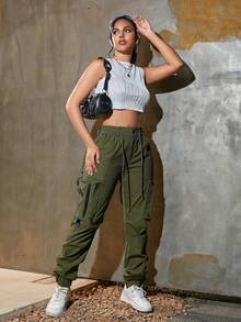 Pantaloni cargo jogger con vita con coulisse, tasche laterali con patta, zip laterali e polsini, stile vintage da strada, casual per uso quotidiano in primavera - Verde militare - Visualizzare 3