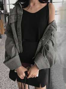 宽松纯色原色下摆女式落肩长袖休闲牛仔夹克