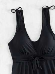 SHEIN Swim Women's Pintuck Racerback Tankini Swimsuit - Black - View 6