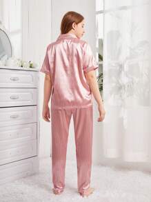 Conjunto de pijama de pantalón y blusa de manga corta de satén color coral rosado para adolescentes - Rosa coral - Ver 3