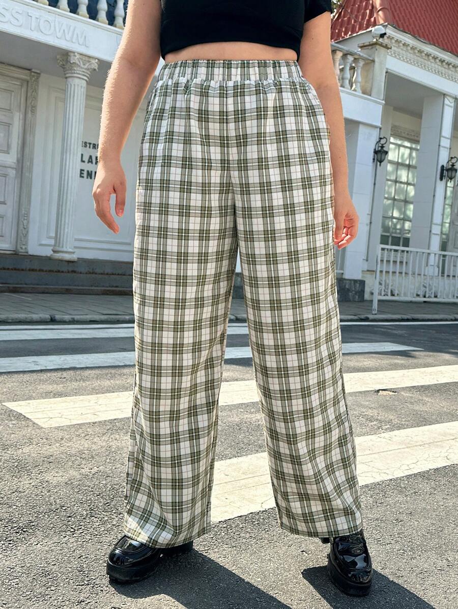 SHEIN Qutie 女士加大碼格紋直筒寬褲 - 彩色 - 查看 1